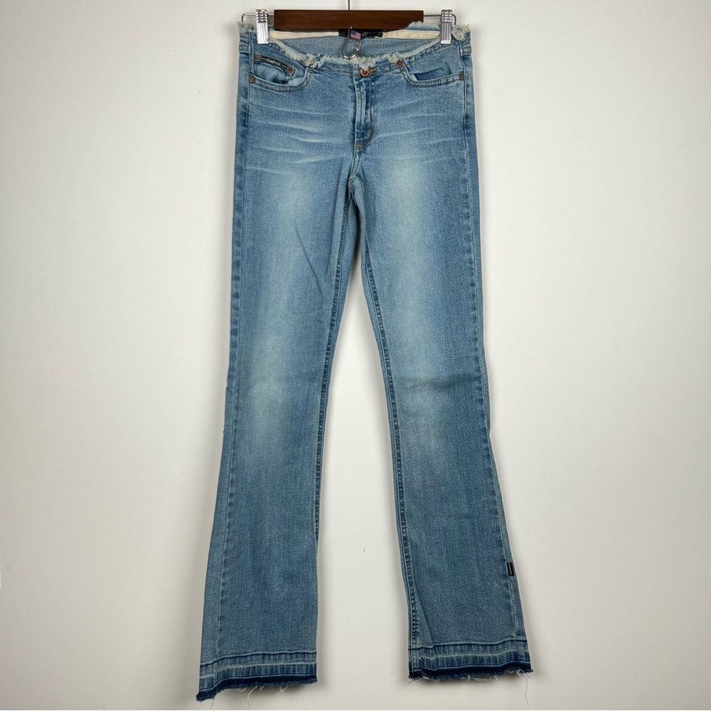 Rampage Y2K Low Rise Jeans Size 1 Exposed Hem Smooth Back Distressed Flare 0447